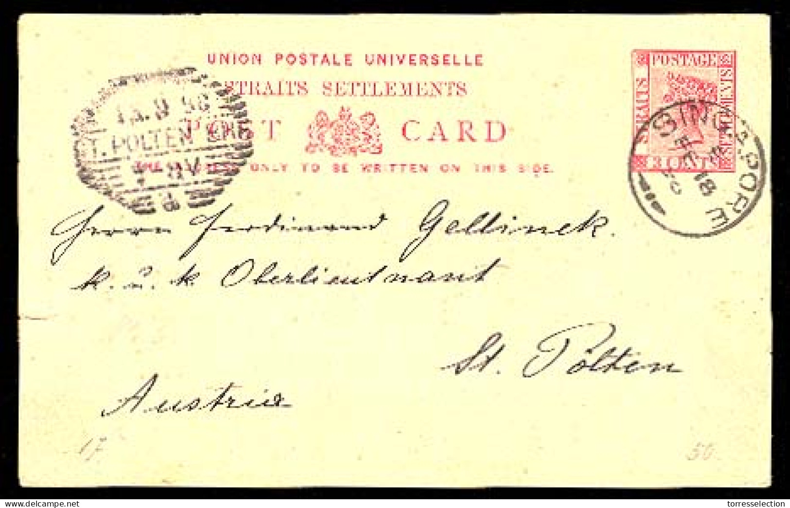 STRAITS SETTLEMENTS SINGAPORE. 1896. Singapore - Austria. 3c Stat Card. VF. - Singapur (1959-...)