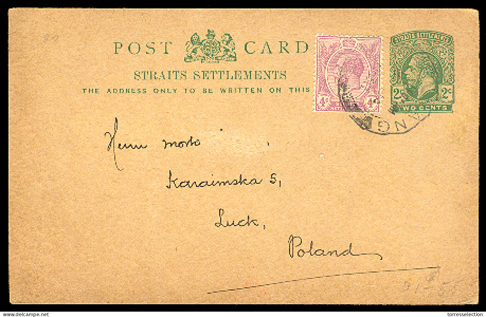 STRAITS SETTLEMENTS SINGAPORE. 1930. Penang - Poland. 2c Stat Card + Adtl. Usage + Dest. - Singapore (1959-...)