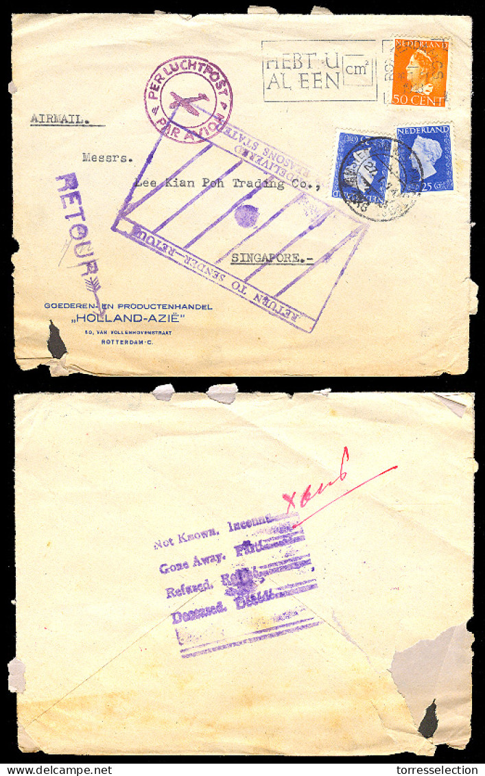 STRAITS SETTLEMENTS SINGAPORE. 1948. AUX. MARKING. Netherlands - Singapore Fkd Env + RETOUR. Airmail. - Singapore (1959-...)