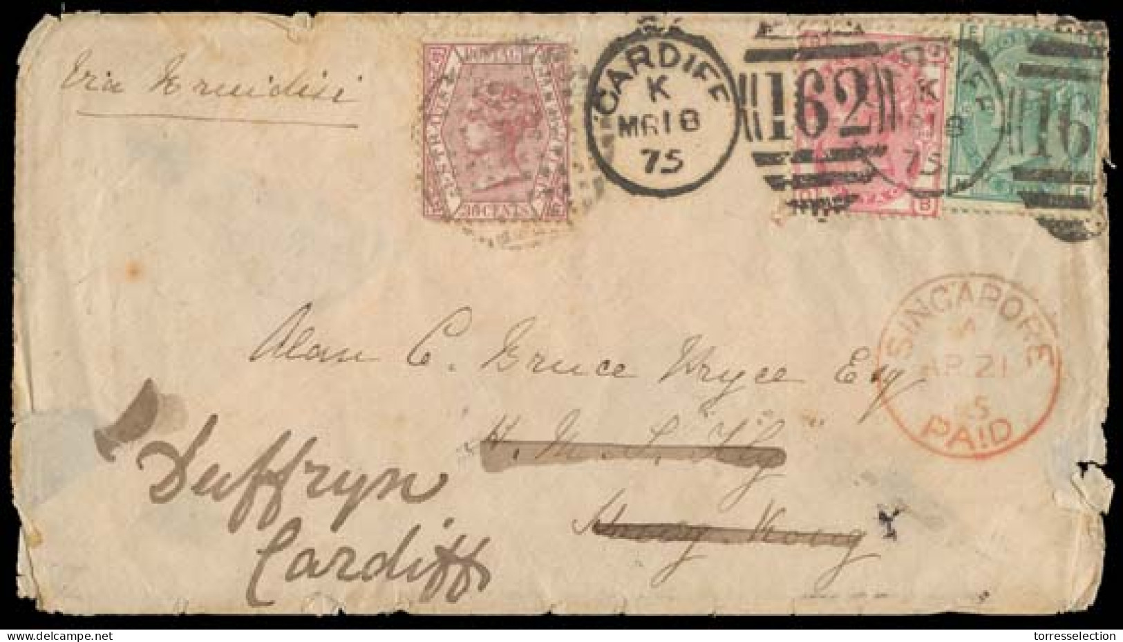 STRAITS SETTLEMENTS SINGAPORE. 1875. Cardiff / Wales - Hong Kong But Reposted In Singapore Back To UK. Env Bearing GB 1s - Singapour (1959-...)