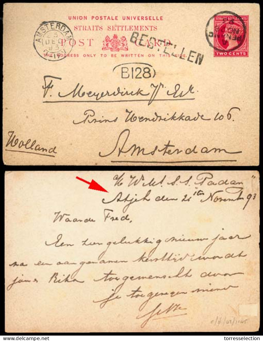STRAITS SETTLEMENTS SINGAPORE. RARE USAGE OF STRAIT SECOND ISSUE STATIONARY CARD IN ADJEH,  DUTCH INDES. 1893 (21 Nov).  - Singapore (1959-...)
