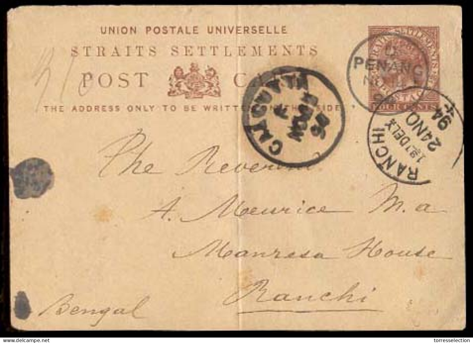 STRAITS SETTLEMENTS SINGAPORE. 1894 (Nov 13). Vinang To Ranchi/Bengal (24 Nov). 4c Brown Q V.stat.card With PENANG (Nov  - Singapur (1959-...)
