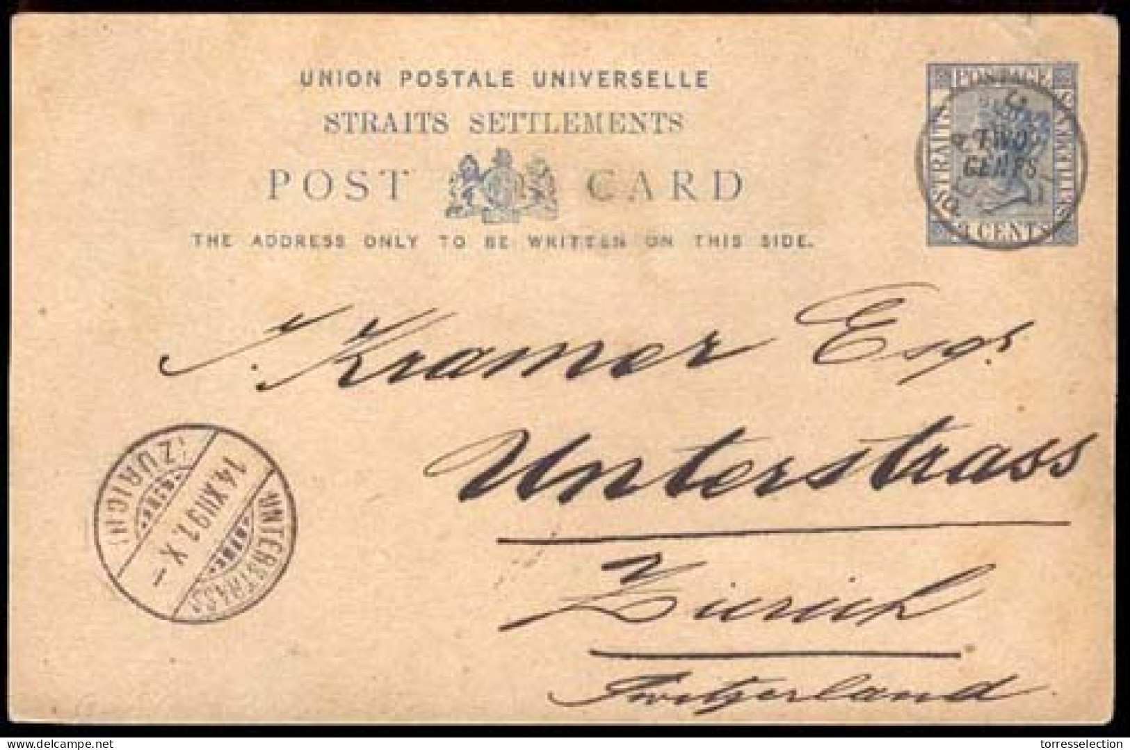 STRAITS SETTLEMENTS SINGAPORE. 1891 (20 Nov.). SINGAPORE - MALAYSIA - SWITZERLAND. Penang To Zurich. 2c / 3c Stationary  - Singapur (1959-...)