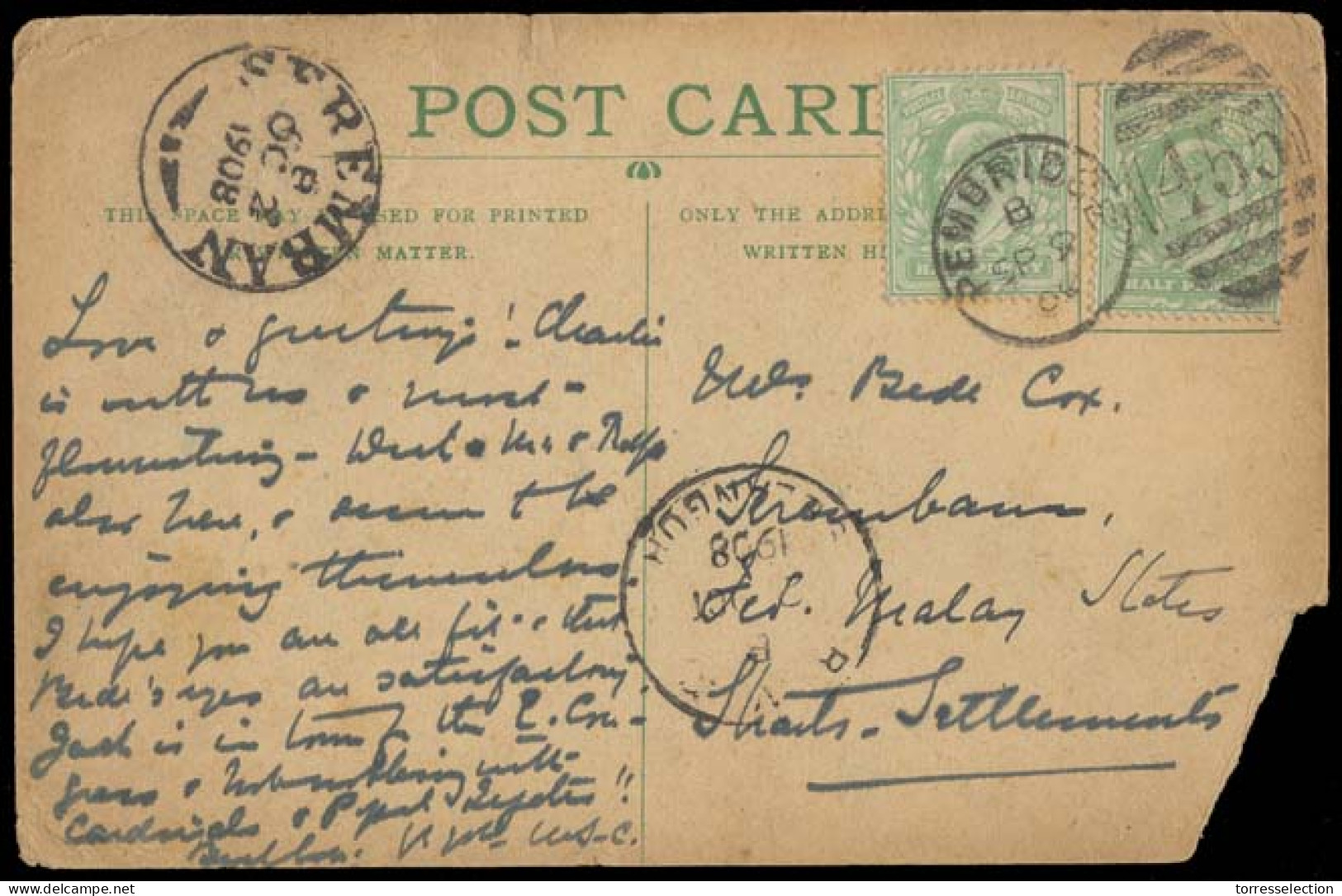 STRAITS SETTLEMENTS SINGAPORE. 1908. GB - FMS / Seramban. Frkd Card With RMS Selangor Code "B" / 2-10-1908 (apparently N - Singapore (1959-...)