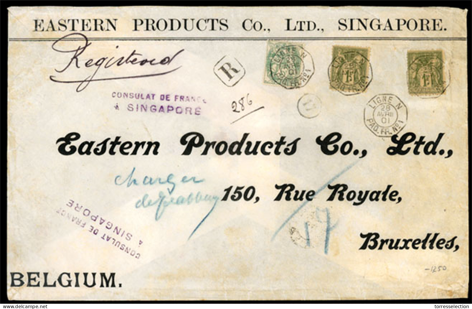 STRAITS SETTLEMENTS SINGAPORE. 1901. Singapore To Belgium. Registered Envelope Frkd. France Sage 1 F Green (x2) 10 Cts.  - Singapore (1959-...)