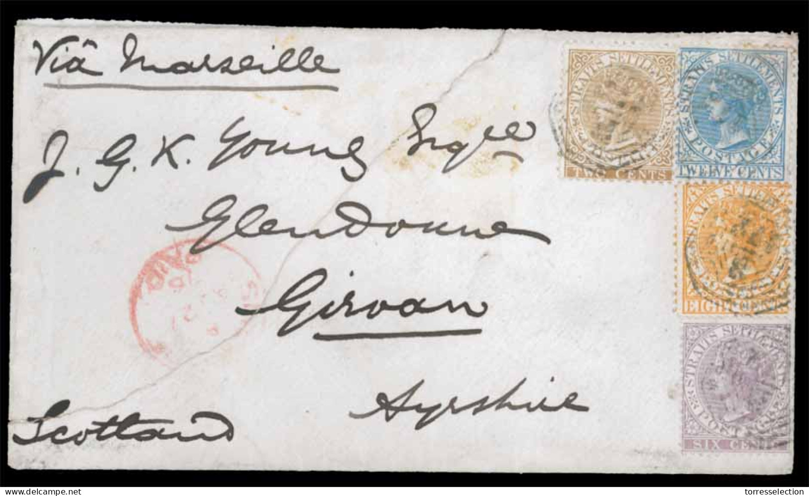 STRAITS SETTLEMENTS SINGAPORE. 1876. Singapore To Scotland. Roughly Opened Envelope Franked. St-St. 2c, 6c, 8c And 12c.  - Singapore (1959-...)