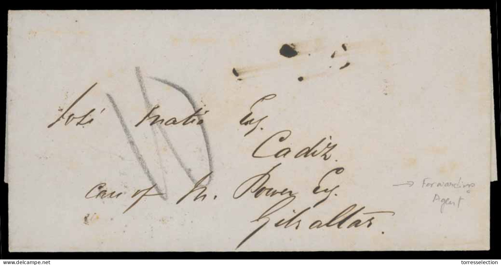 STRAITS SETTLEMENTS SINGAPORE. 1854. Singapore To Cadiz Via Gibraltar. E.L. Forwarded By "Michael Power". "Alexandria" B - Singapore (1959-...)