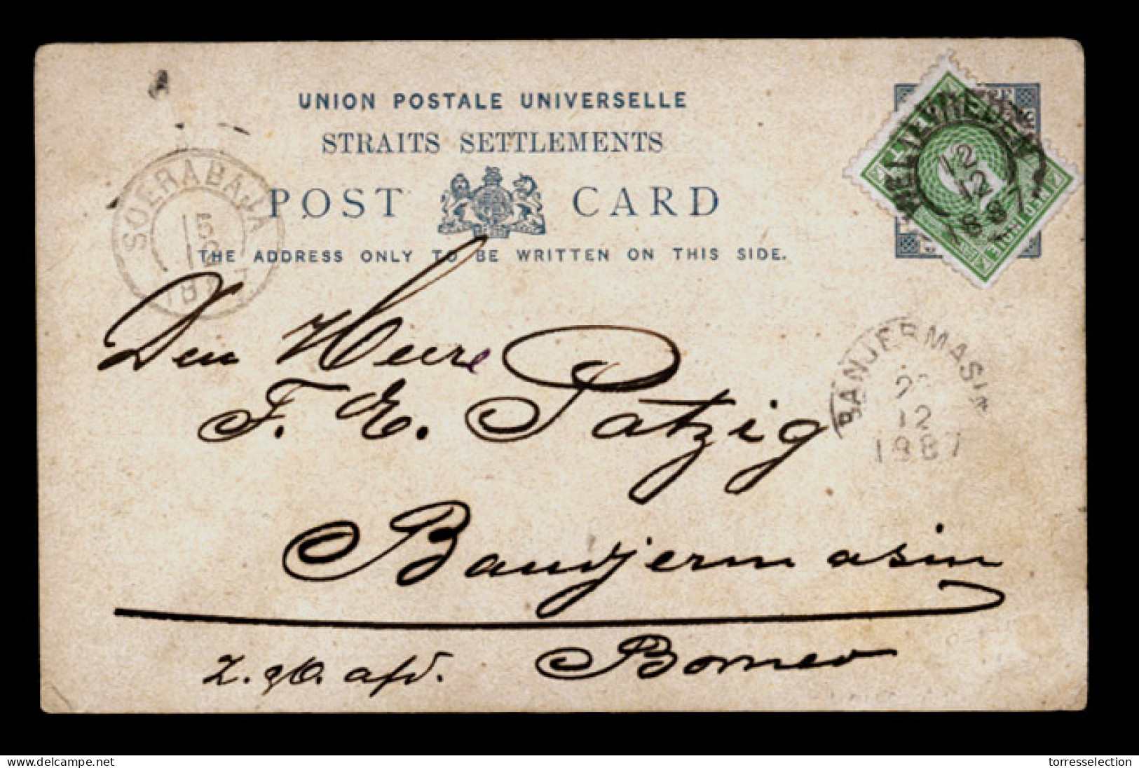 STRAITS SETTLEMENTS SINGAPORE. 1887 (10 Dic). Straits Settlements 3c Card Written From Pº (Penang/Pulan Pinang) And Cros - Singapur (1959-...)