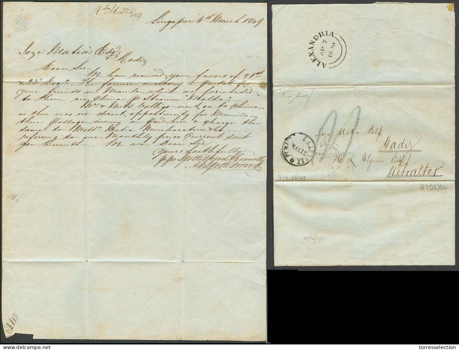 STRAITS SETTLEMENTS SINGAPORE. 1849 (March 6). Singapore To Cadiz.E.L. Endorsed Via Suez And Gibraltar, With Black Alexa - Singapur (1959-...)