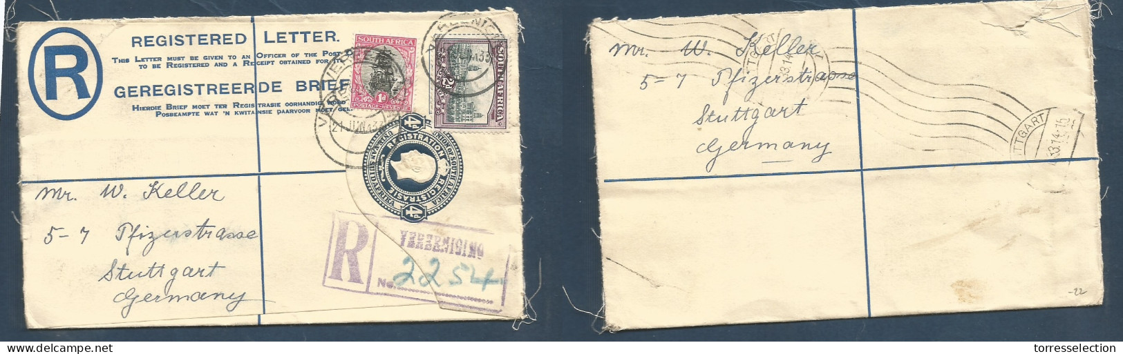 SOUTH AFRICA. 1933 (21 June) Vereenising - Germany, Stuttgart (July 23) 4d Blue Registered + 2 Adtls Stat Env, R-cachet. - Sonstige & Ohne Zuordnung