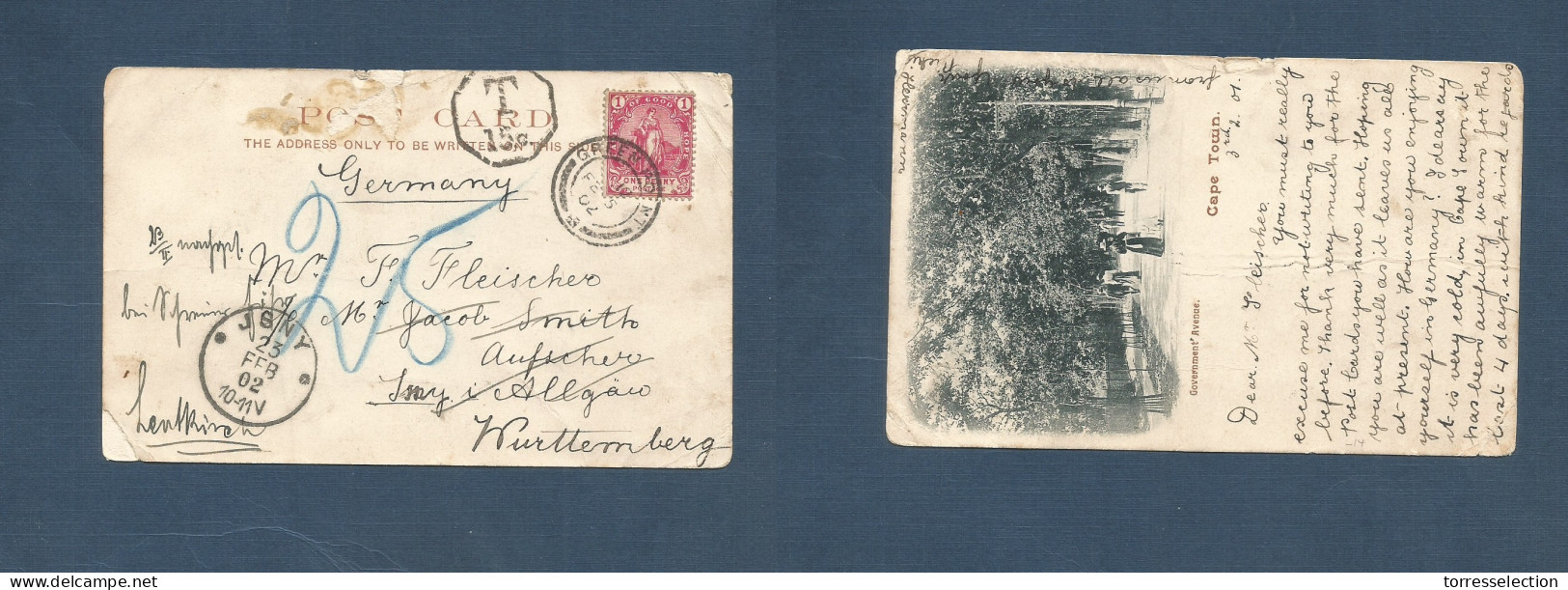 SOUTH AFRICA. 1902 (5 Feb) CGH. Green Point - Germany, Wurttemberg, Isny (23 Feb) 1d Red Taxed Fkd Stat Card. Early Ppc. - Sonstige & Ohne Zuordnung