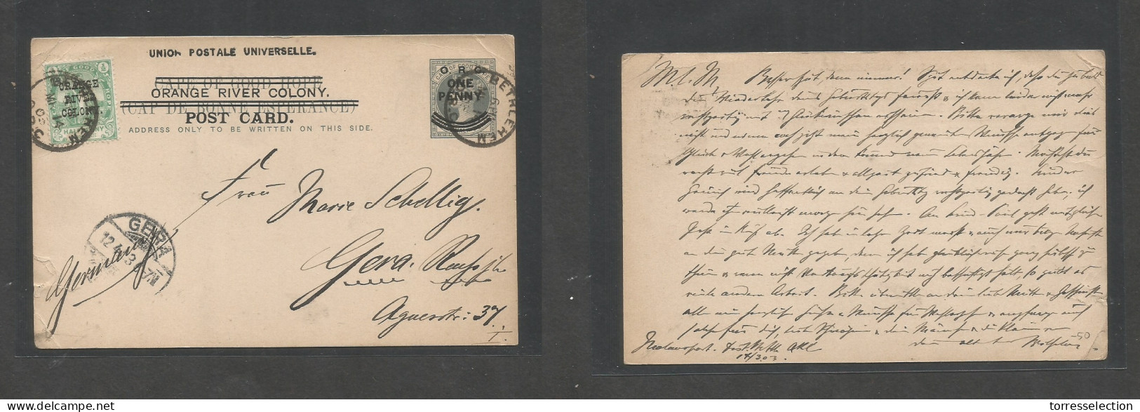SOUTH AFRICA. 1903 (17 March) ORC. Molavoport, Bethelen - Gera, Germany (12 April) Ovptd CGH 1d Stat Card + Adtl, Mixed, - Sonstige & Ohne Zuordnung