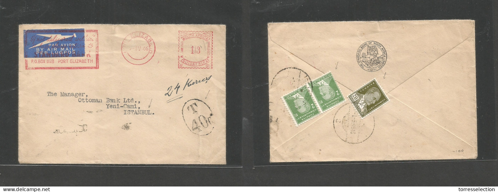 SOUTH AFRICA. 1946 (Apr 3) Port Elisabeth - Turkey, Istambul. Air Machine Comercial Fkd At 1sh 3d Rate Envelope + Taxed  - Sonstige & Ohne Zuordnung