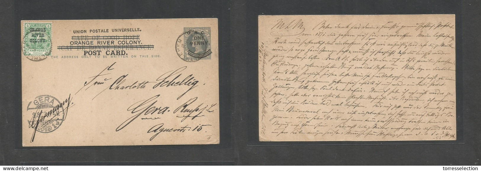 SOUTH AFRICA. 1903 (10 Febr) ORC. Malano Post, Bethelem - Germany, Gera (9 March) Ovptd CGH 1d Stat Card, Cds + Adtl. Fi - Sonstige & Ohne Zuordnung