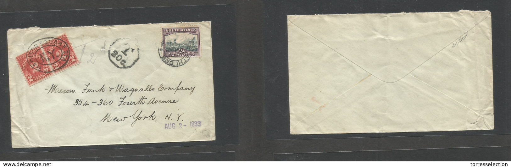 SOUTH AFRICA. 1933 (8 July) Athlone - USA, NYC (Aug 2, 33). Fkd + Taxed T-20 Envelope, Arrival (x2) 2c P. Dues, Tied Ova - Sonstige & Ohne Zuordnung