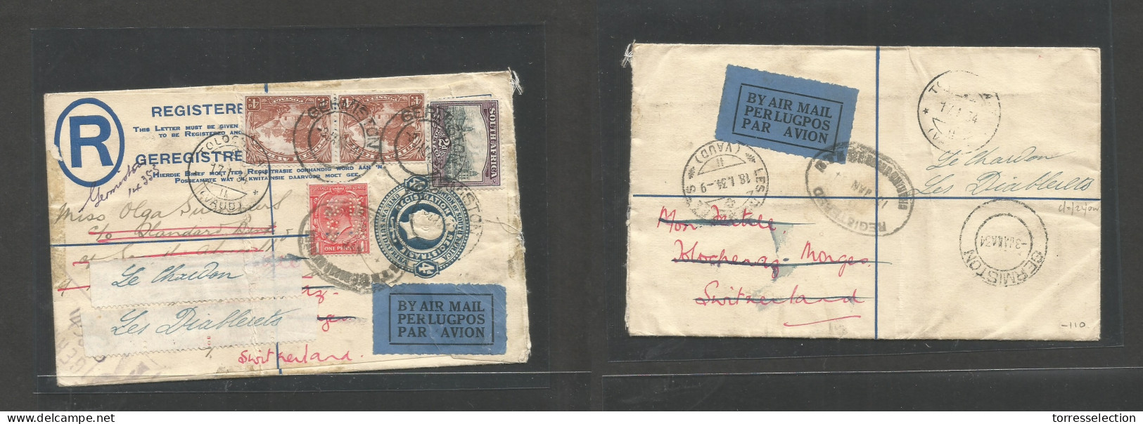 SOUTH AFRICA. 1934 (3 Jan) Germiston - UK, Fwded Switzerland With New Frks Registered 4d Blue Stat Env + 3 Adtls + GB 1d - Sonstige & Ohne Zuordnung