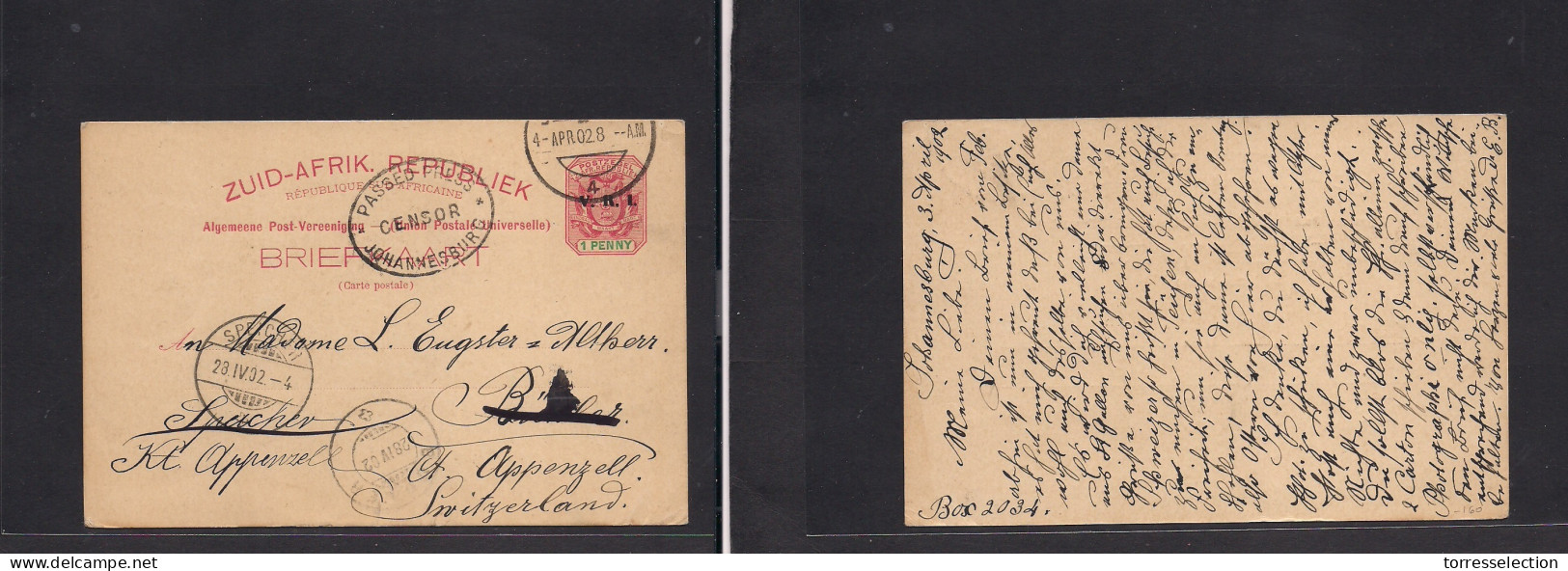 SOUTH AFRICA. 1902 (4 Apr) ZAR, Joburg - Switzerland, Appenzell (28 Apr) URI Ovptd 1d Red Stat Card. Boer War Censor Cac - Sonstige & Ohne Zuordnung