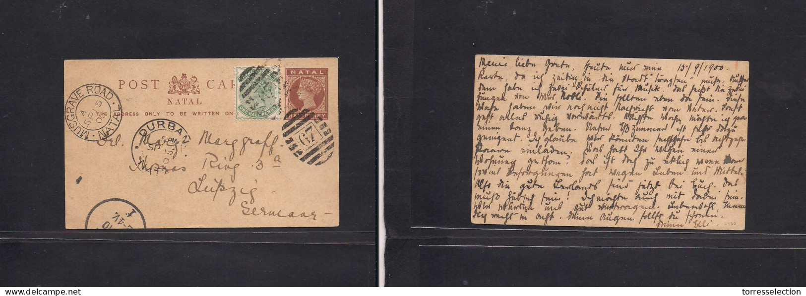 SOUTH AFRICA. 1900 (15 Sept) Natal, Musgrave Road - Germany, Leipzig (Oct) 1/2d Brown QV Stat Card + 1/2d Green Adtl, Ti - Sonstige & Ohne Zuordnung