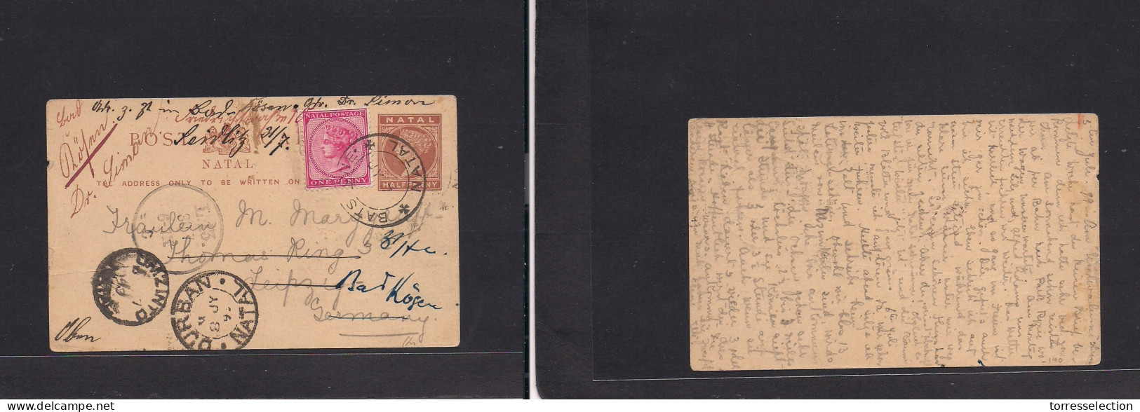 SOUTH AFRICA. 1899 (3-7 July) Natal, Batstone - Germany, Leipzig, Fwded (30 July) 1/2d Brown QV Stat Card + 1d Adtl, Tie - Sonstige & Ohne Zuordnung