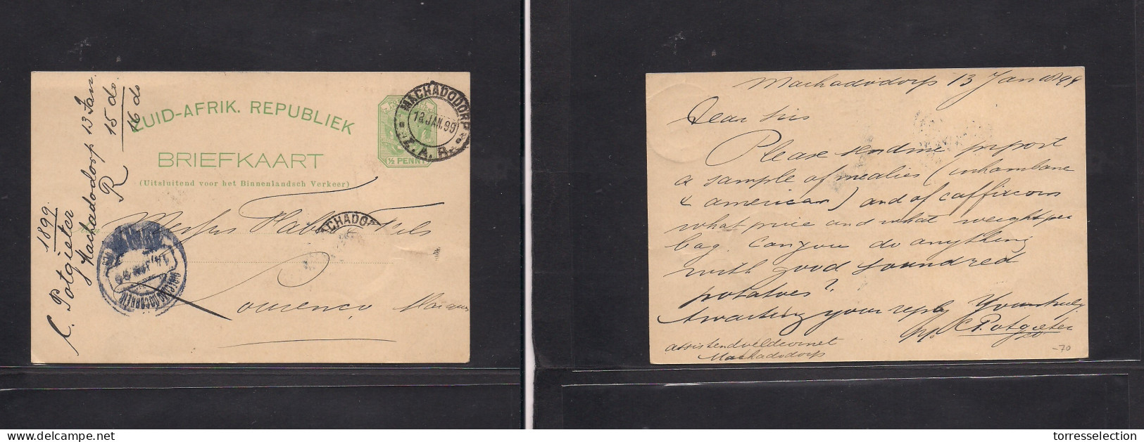 SOUTH AFRICA. 1899 (13 Jan) ZAR, Machadodrep - L. Marques (14 Jan) Portuguese Africa. Local 1/2d Green Stat Card On Pre- - Sonstige & Ohne Zuordnung
