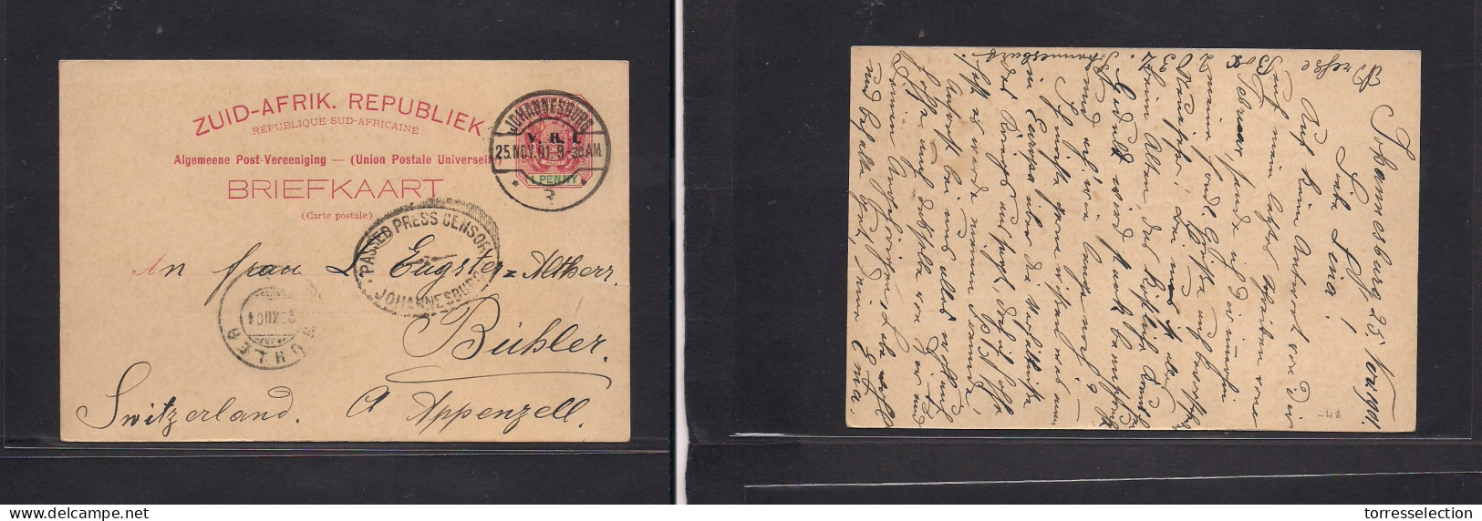 SOUTH AFRICA. 1901 (25 Nov) ZAR, URI, Joburg - Switzerland, Buhler, Appenzell (28 Dec) 1d Red Ovptd Stat Card Joburg Cen - Sonstige & Ohne Zuordnung