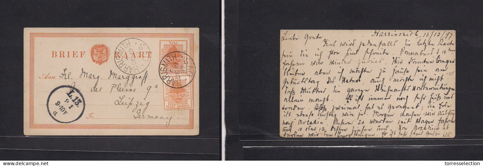 SOUTH AFRICA. 1897 (15 Dec) ORC, Harrismith - Germany, Leipzig (9 Jan 98) 1/2d Orange Stat Card + Adtl, Tied Cds On Love - Sonstige & Ohne Zuordnung
