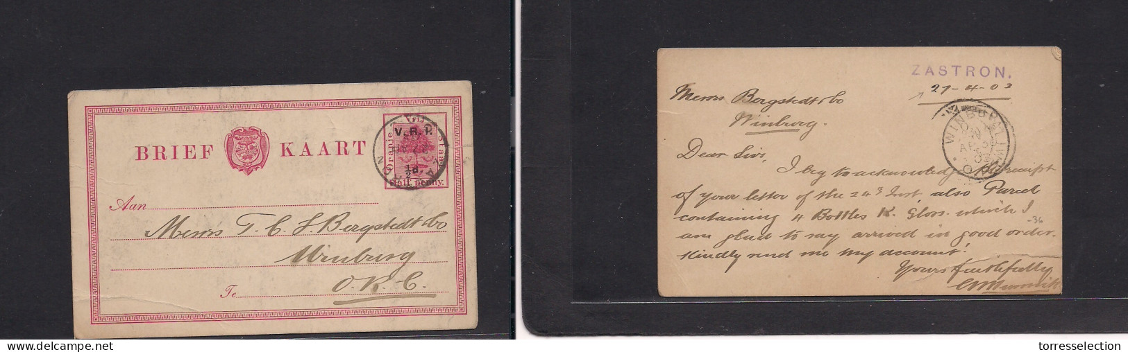 SOUTH AFRICA. 1903 (27 Apr) VRI, Zastrom - ORC, Winburg (30 Apr) 1/2d Red Ovptd Stat Card. Fine Used. - Sonstige & Ohne Zuordnung