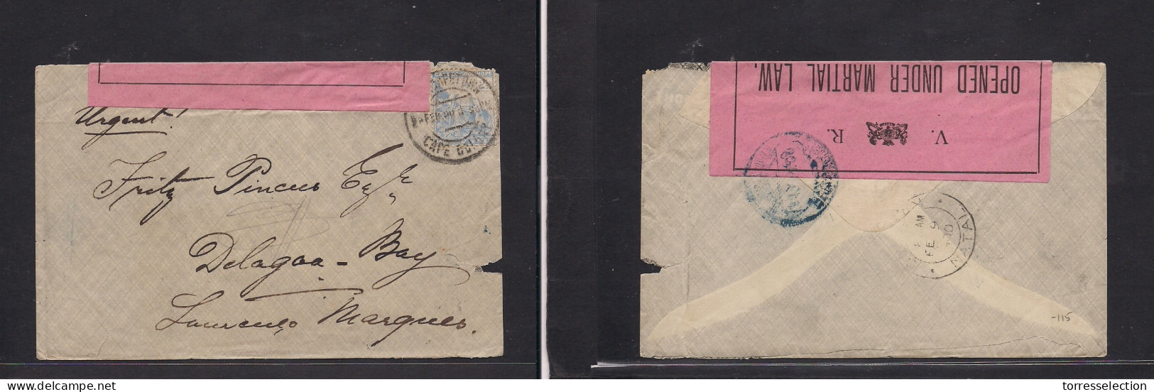 SOUTH AFRICA. 1900 (2 Febr) CGH, Capetown - Lourenzo Marques, Delagoa Bay. Fkd Env + Censored + Mns "URGENT". Reverse Po - Sonstige & Ohne Zuordnung