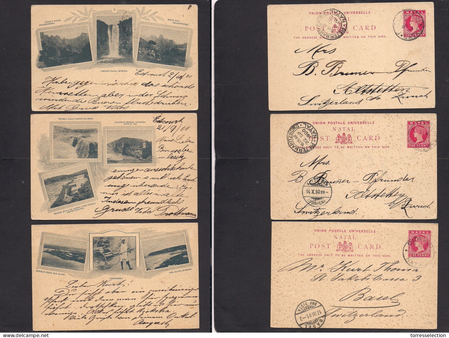 SOUTH AFRICA. 1900 (Sept - Dec) Durban - Switzerland, Basel (x3) Diff QV Illustrated Stat Cards, Incl Umgeni Falls. Tuge - Sonstige & Ohne Zuordnung