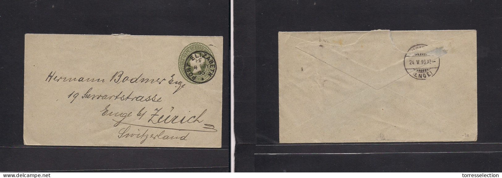 SOUTH AFRICA. 1896 (4 May) CGH Port Elisabeth - Switzerland, Zurich (24 May) QV 2 1/2d Green / Grey Stat Env, Control Cd - Other & Unclassified