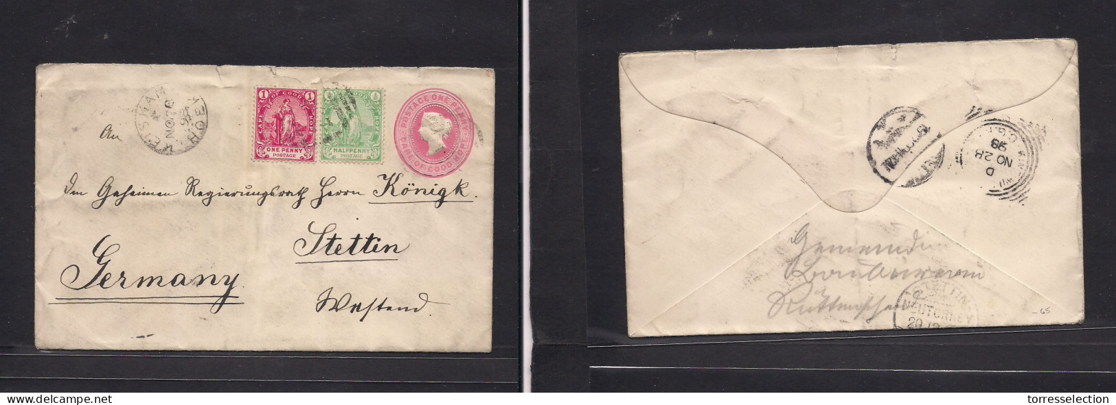 SOUTH AFRICA. 1898 (26 Nov) CGH. Keiskam Hoek - Germany, Stettin (19-20 Dec 98) 1d Rose Stat Env + 2 Adtls, Tied Grill + - Other & Unclassified