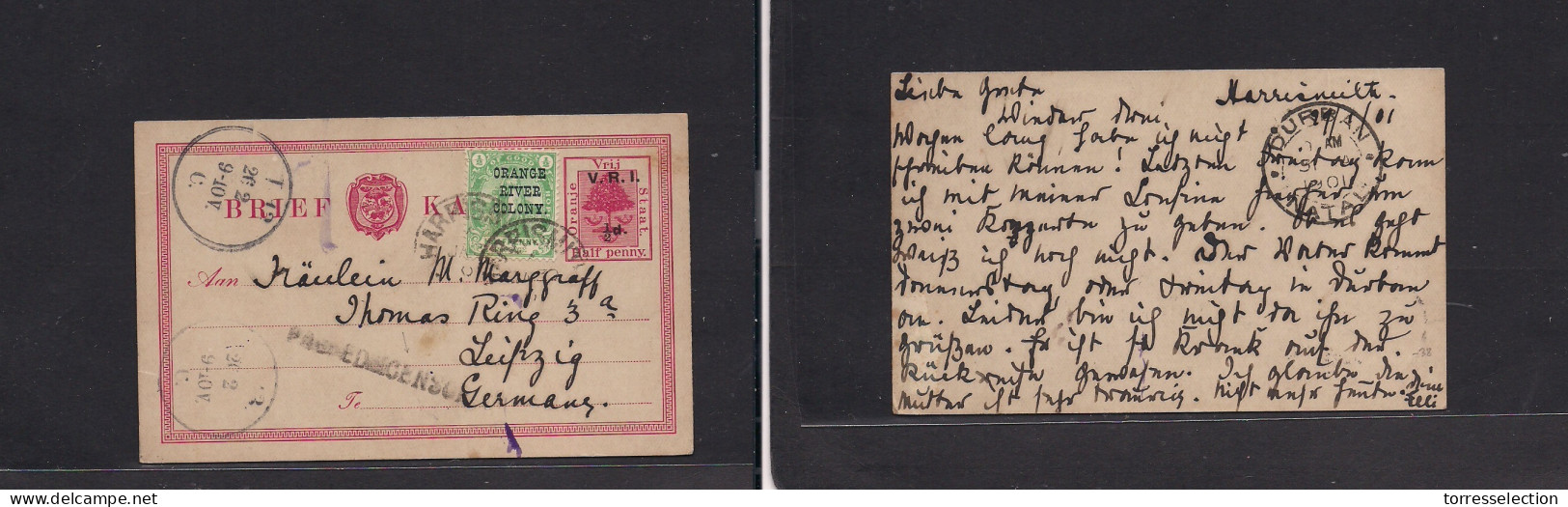 SOUTH AFRICA. 1901 (29 Jan) ORG /URI Harrismith - Germany, Leipzig (26 Feb) Ovptd 1/2d Red Stat Card + Adtl Stline Censo - Sonstige & Ohne Zuordnung