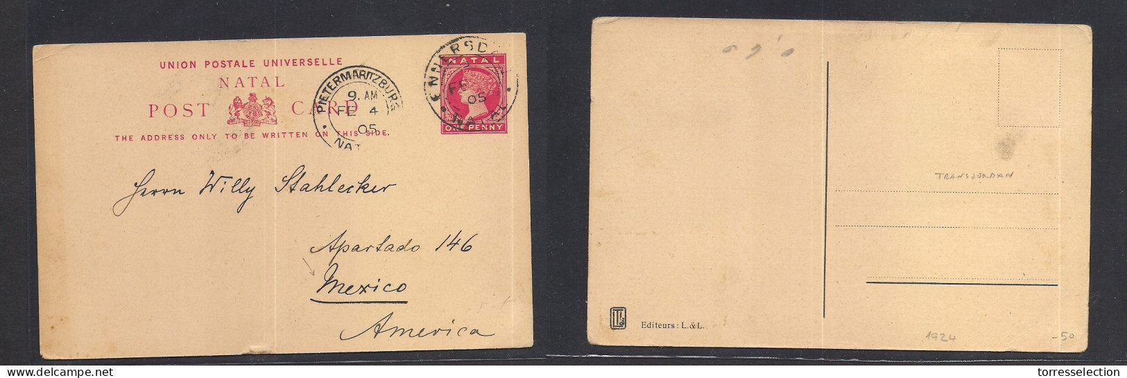 SOUTH AFRICA. 1905 (Feb 3-4) Natal. Empangweni - Mexico, DF. Central America. Via Pretermarts. 1d Red QV Stat Card. Extr - Sonstige & Ohne Zuordnung