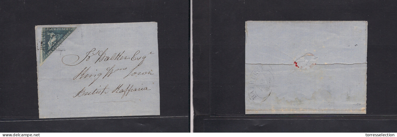 SOUTH AFRICA. 1858 (3 Aug) Cape Of Good Hope, Bathurst - King Williams Town. E Fkd 4d Blue, Complete Margins, Tied Grill - Sonstige & Ohne Zuordnung