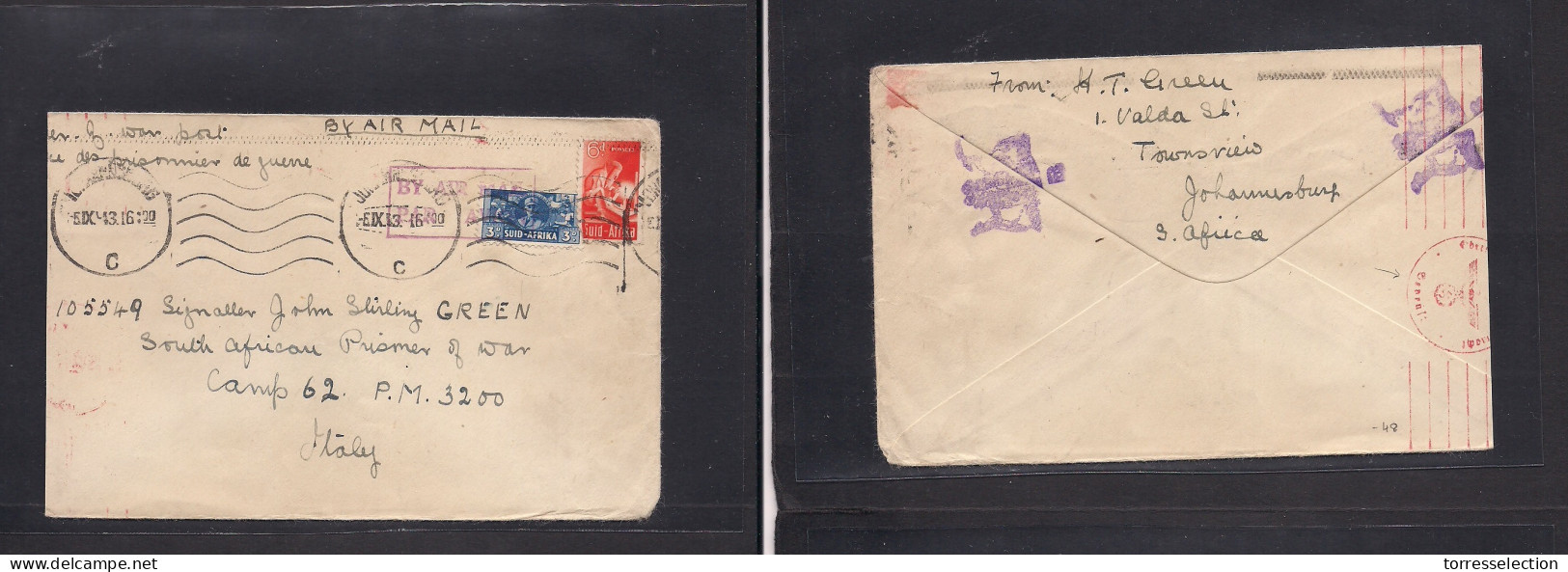 SOUTH AFRICA. 1943 (5 Sept) Joburg - Italy, South African POW Camp 62 Airmail Multifkd Env VF Censor + Nazi Control (!) - Sonstige & Ohne Zuordnung