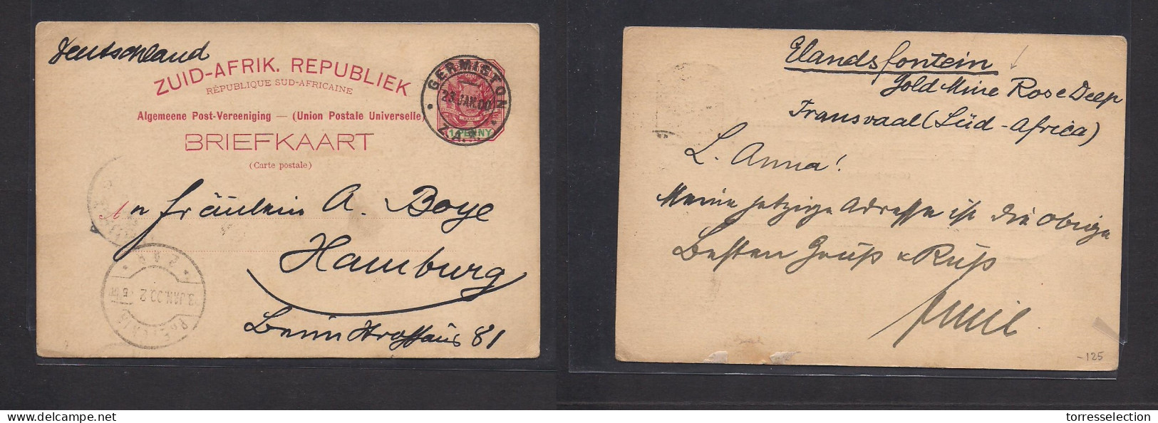 SOUTH AFRICA. 1900 (23 Jan) Elandsfontein. Goldmine Rose Deep, Germiston - Germany, Hamburg 1d Red Stat Card. Fine Origi - Sonstige & Ohne Zuordnung