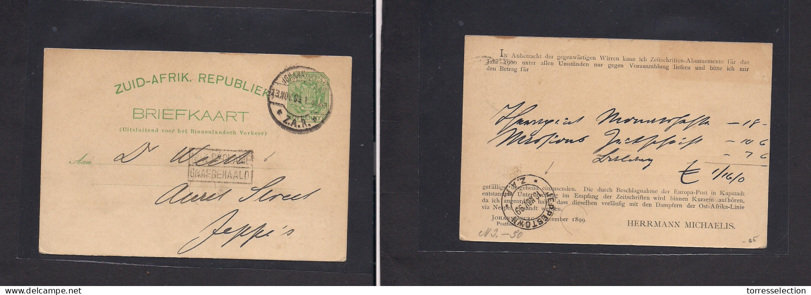 SOUTH AFRICA. 1899 (13 Nov) ZAR. Joburg - Jeppestown (18 Nov) 1/2d Green Private Print Stat Card + "Non Reclame" Retour  - Sonstige & Ohne Zuordnung