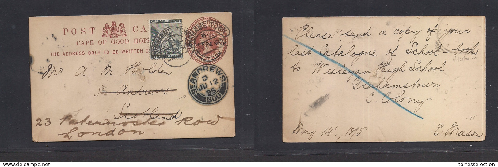 SOUTH AFRICA. 1895 (14 May) CGH, Grahams Town - Scotland, St. Andrews, Fwded (12 July) 1d Brown Stat Card + Adtl. Better - Sonstige & Ohne Zuordnung