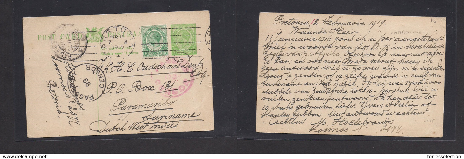 SOUTH AFRICA. 1919 (Feb 19) Pretoria - Dutch West Indies, SURINAME, Paramarabo (24 Apr) 1/2d Green Stat And + Adtl WWI C - Sonstige & Ohne Zuordnung