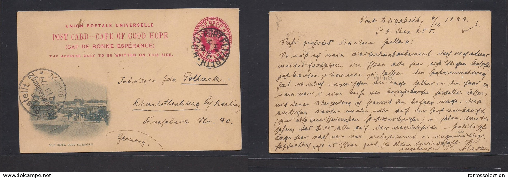 SOUTH AFRICA. 1899 (9 Oct) CGH. Port Elizabeth - Germany, Charlottenburg (2 Nov) 1d Red Illustrated "The Jetty" Stat Env - Other & Unclassified