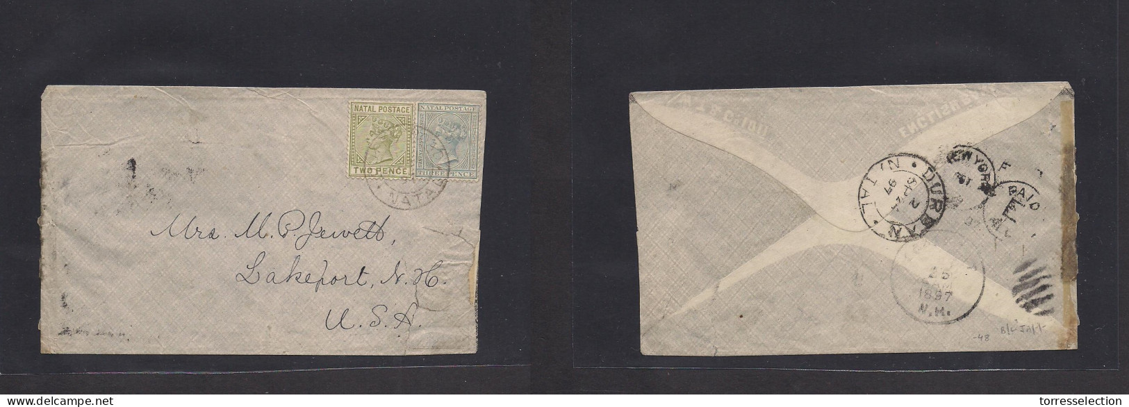 SOUTH AFRICA. 1897 (2 Sept) NATAL Multifkd Env To USA, Lakeport, NC (25 Sept). Fine. Tramited Reverse. - Other & Unclassified