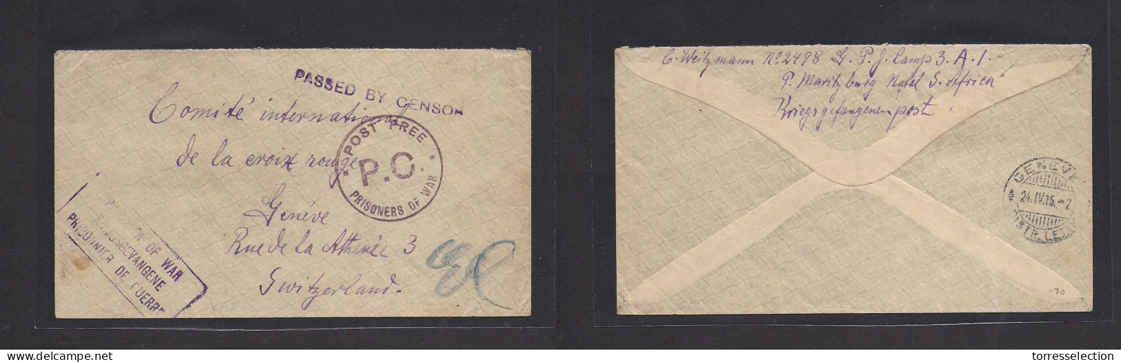 SOUTH AFRICA. 1915 (March - April) POW Mail. Maritzburg - Switzerland, Geneva (24 April) FM Multicensored Envelope. Addr - Other & Unclassified