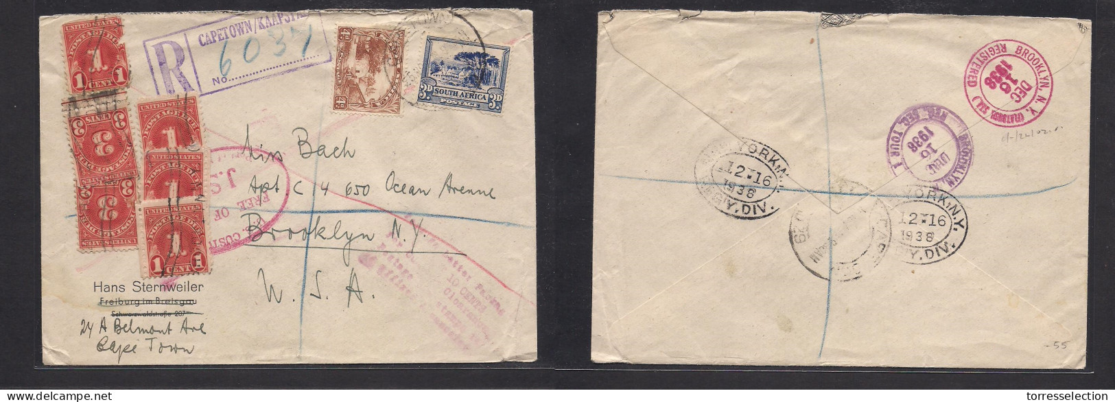 SOUTH AFRICA. 1938. Capetown - USA, Brooklyn, NY (16 Dec) Registered Multifkd + Taxed Envelope, Incl Aux Cachets + US P. - Sonstige & Ohne Zuordnung