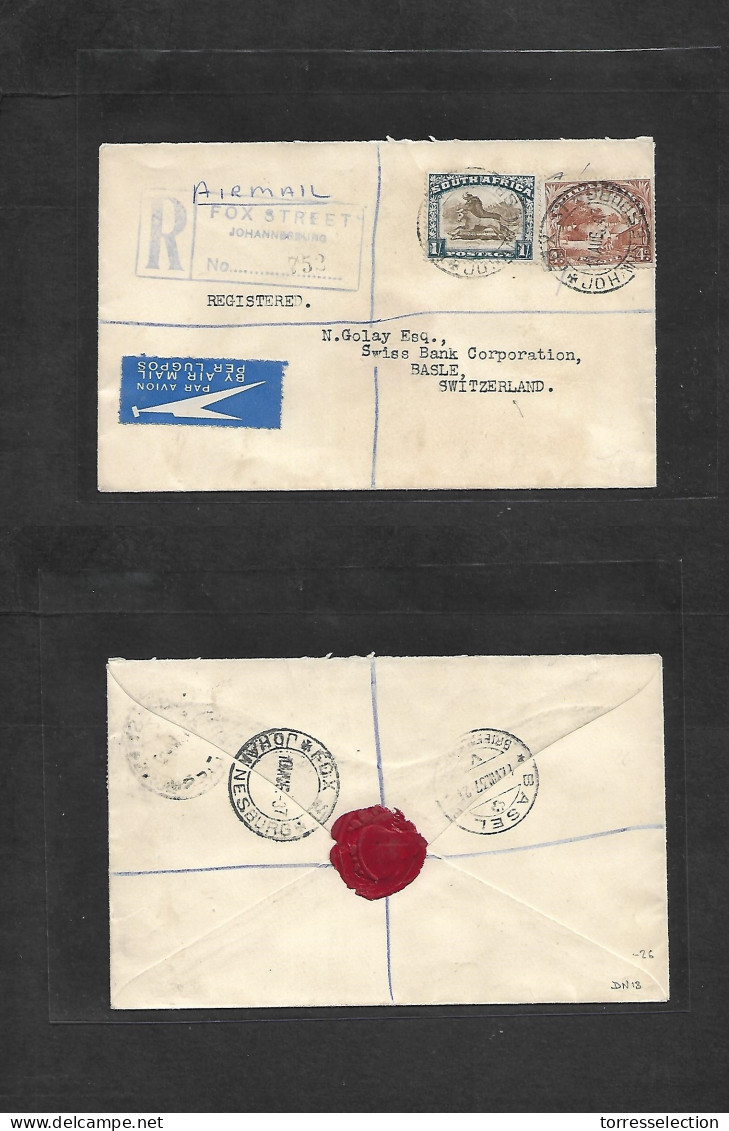 SOUTH AFRICA. 1937 (10 Aug) Fox Street, Joburg - Switzerland, Basel (17 Aug) Regisitered Air Multifkd Env DN13. Fine Usa - Other & Unclassified