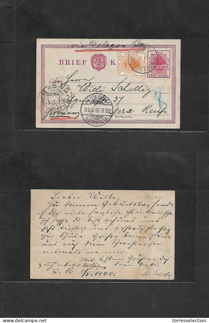 SOUTH AFRICA. 1900 (8 May) OVS ZR. P. Akmalans Post - Gera, Germany (25 June) 1/2d Red Stat Card + Adtl. Via Delagoa Bay - Other & Unclassified