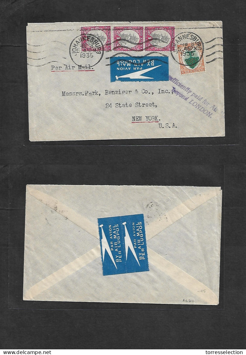 SOUTH AFRICA. 1935 (8 Feb) Joburg - USA, NYC. Air Multifkd Env + Violet Cachet "Insuf Paid For Airmail Beyond London" (x - Other & Unclassified