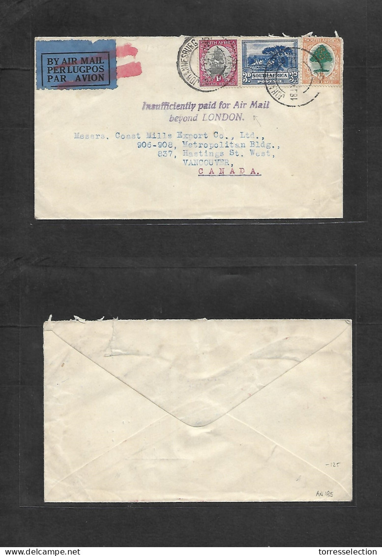 SOUTH AFRICA. 1934 (18 Sept) Joburg - Canada, Vancouver. Air Multifkd + Violet Cachet "Insuf Paid For Airmail Beyond LON - Other & Unclassified