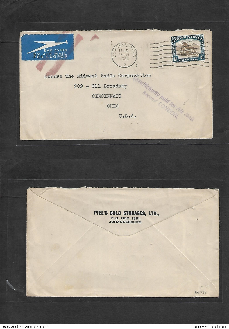 SOUTH AFRICA. 1935 (26 June) Joburg - Usa, Ohio, Cincinnati. 1sh Single Fkd Airmail Envelope + Violet Cachet "Insuff Pai - Other & Unclassified