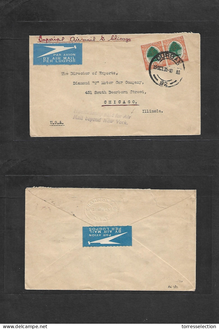 SOUTH AFRICA. 1935 (15 Oct) Durban - USA, Chicago, Ill. Air Multifkd Env 12d Rate + Violet Cachet "Insuf Paid For Airmai - Other & Unclassified