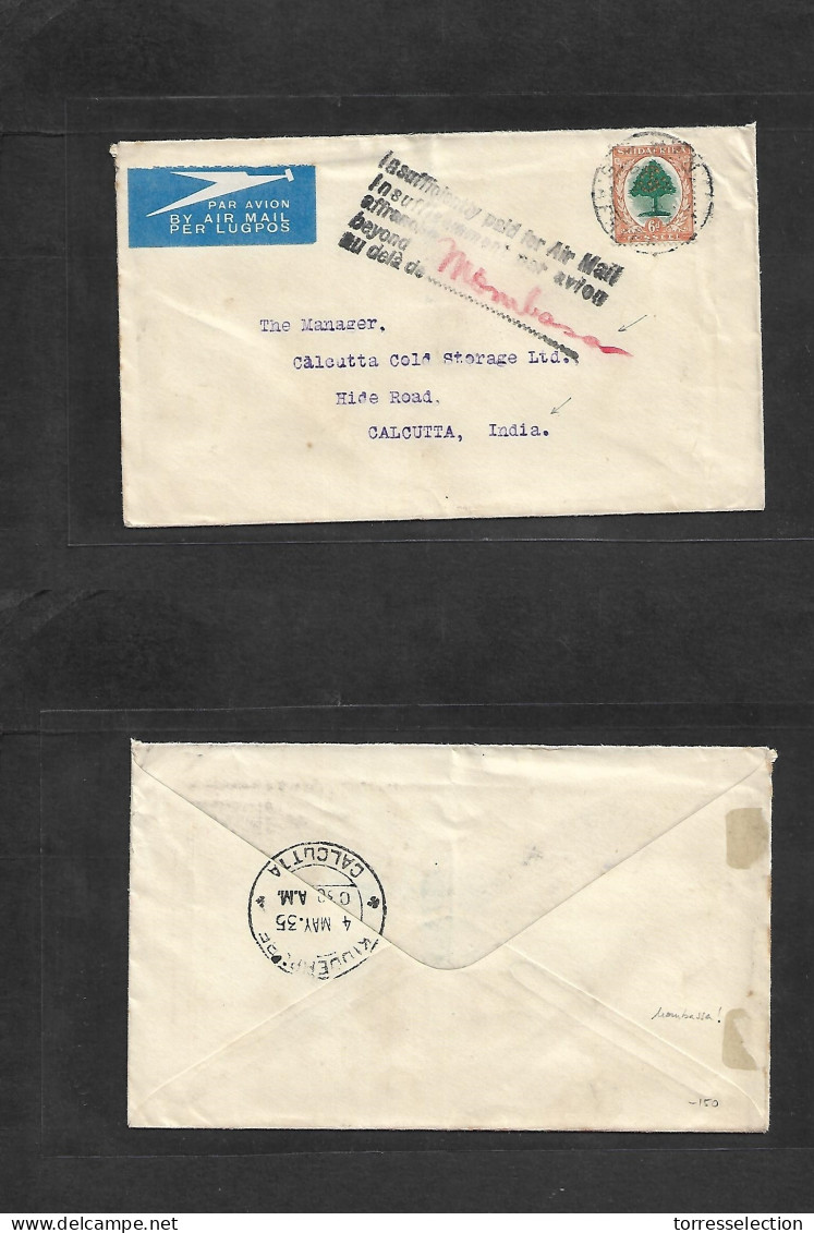 SOUTH AFRICA. 1935 (April) Hanat - India, Calcutta (4 May 35) Fkd Env 6d Rate + Aux Violet Cachet "Insuf Paid For Airmai - Other & Unclassified